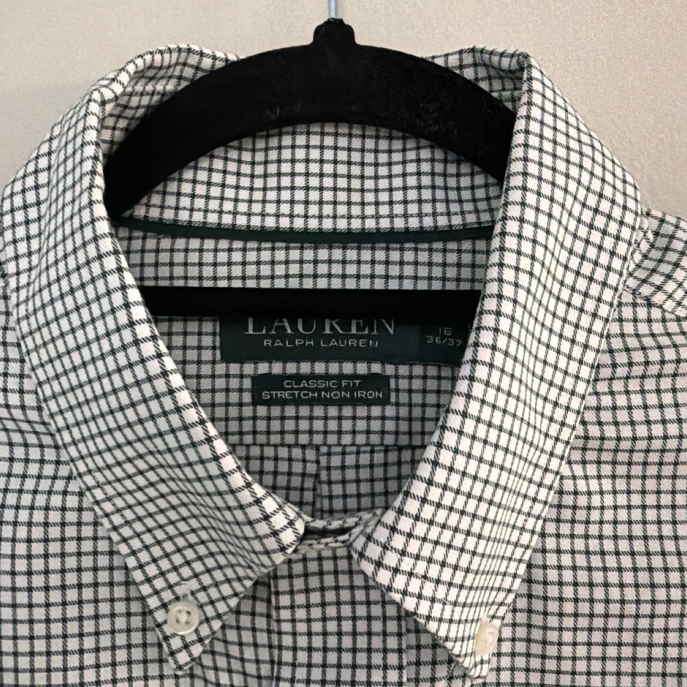 Lauren Ralph Lauren Mens Classic Fit Stretch Non Iron Shirt Green Check 16 36/37
